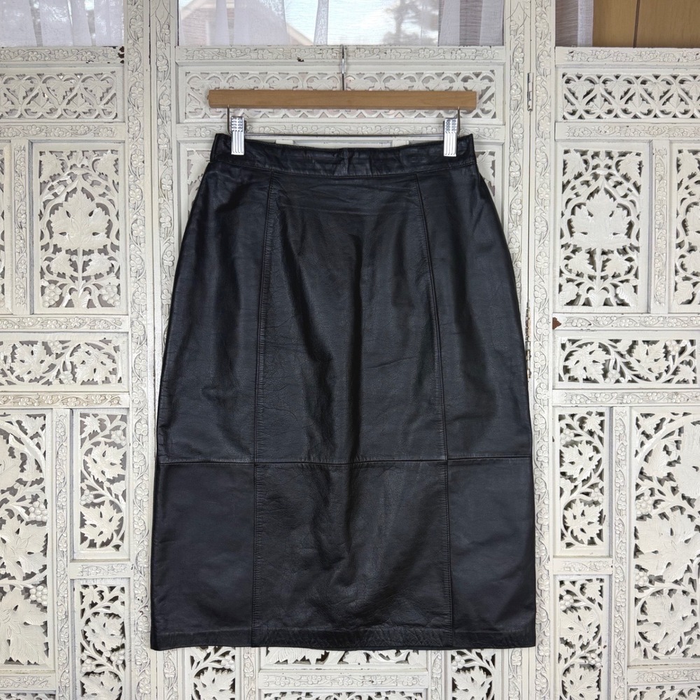 Vtg Leathers By Tibor Black Leather‎ Pencil Skirt Back Slit Straight Sz S/M